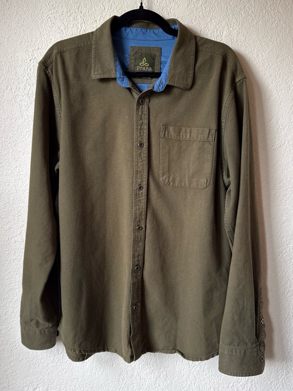 Prana Olive Button-Up Shirt with Blue Inner Collar